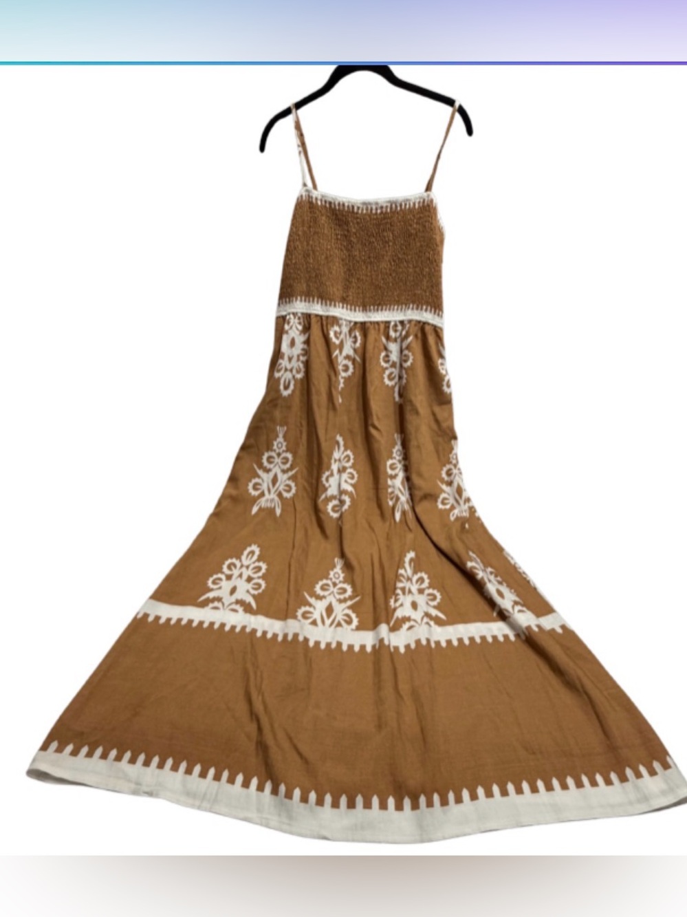 Women's Brown Embroidered Maxi Dress with Spaghetti Straps